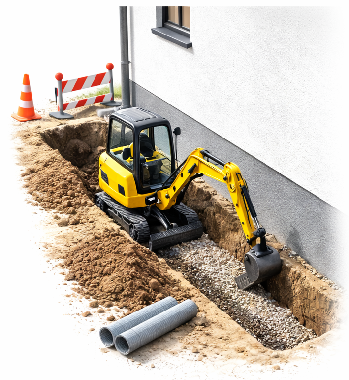 Minigraver udgraver langs husets fundament i etaper